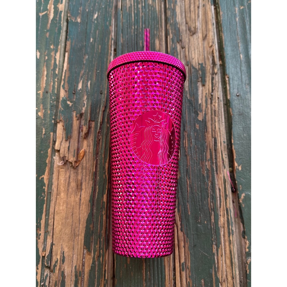 Starbucks 2021 Venti 24oz Studded Cold Cup Tumbler Metallic Pink Grid Straw Lid